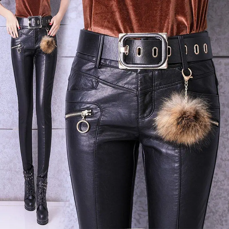 

2019 Autumn Winter Women High Waist Stretch Leather Pants Female Slim Thicken Velvet PU Trousers Skinny Leggings Jeggings S02