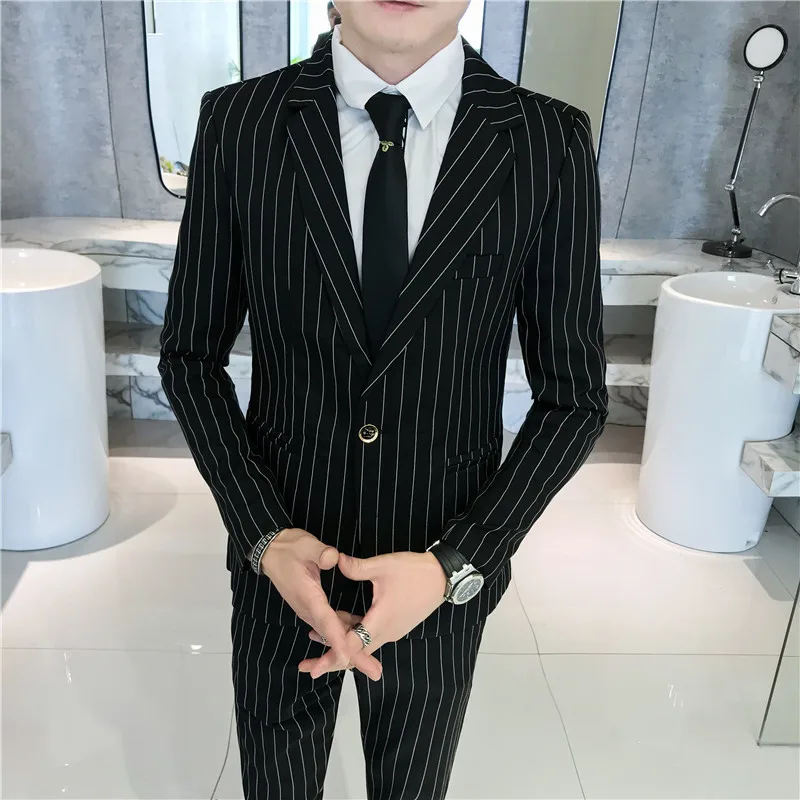 2019 autumn men's fashion striped suit two-piece suit (blazer + suit pants) men's single buckle slim casual groom wedding suit 2019 autumn men's fashion striped suit two-piece suit (blazer + suit pants) men's single buckle slim casual groom wedding suit