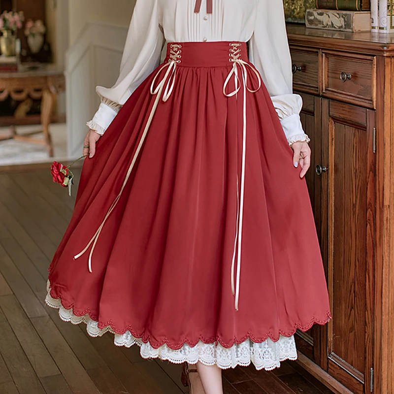 VintageLongSkirtWomenSummerHighWaistedLaceUpPleatedSkirts