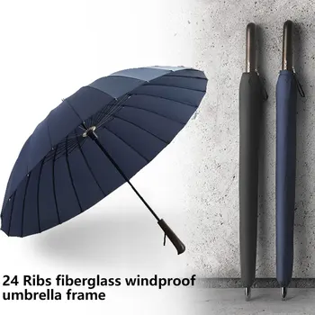 

Top Quality Wooden Long Handle Rain Big Umbrella Men Quality 24K Windproof Glassfiber Frame Bussiness Women Umbrella Paragua