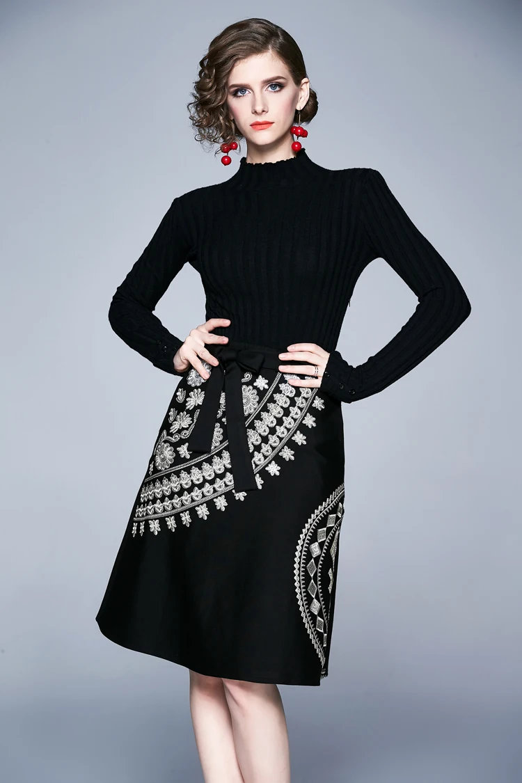 H Han queen зимнее женское трикотажное платье трапециевидной формы с вышивкой, Элегантное повседневное черное платье длиной до колена