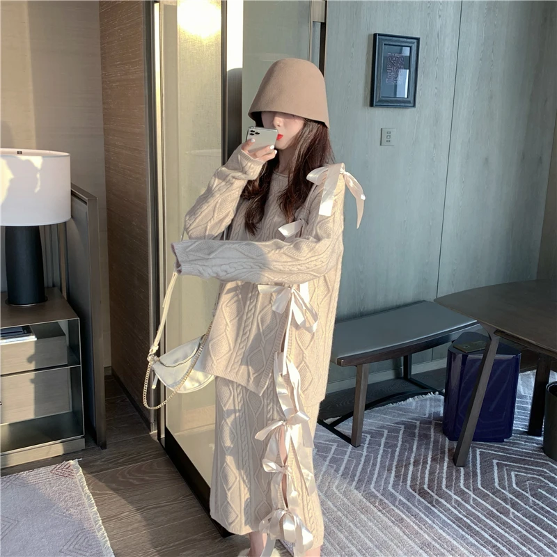 WHITNEY WANG, Зимняя мода, уличная одежда, 2 штуки, милый бант, ленты, крученое платье-свитер, женское стильное вязаное платье