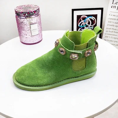 Green Женские ботильоны из натуральной кожи; модные женские ботинки со стразами; коллекция года; сезон весна-осень; женские ботильоны ярких цветов; обувь на плоской подошве - Цвет: Green