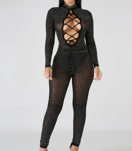 Cultiseed Women Sexy Hot Drilling Slim Hip Jumpsuits Rompers Female Fashion Hollow Out Bandage Mesh Jumpsuits Ladies Jumpsuits