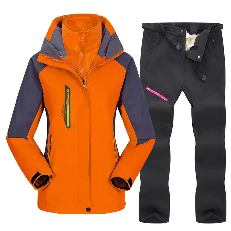 Orange Black 30 градусов зимний лыжный костюм для женщин теплые зимние лыжные куртки комплекты для спорта на открытом воздухе водонепроницаемый ветрозащитный лыжный сноуборд куртки и брюки - Цвет: Orange Black