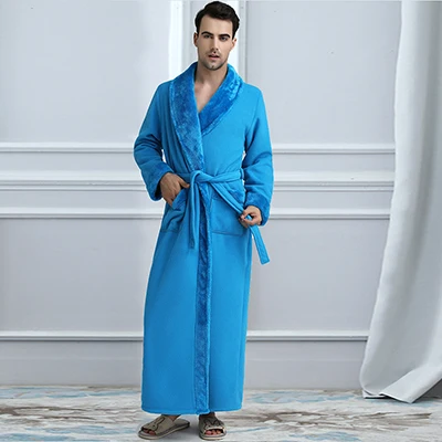 Men Fur Light Blue Очень длинный, размера плюс, зимний, толстый, теплый, фланелевый, коралловый флис, вафельный, кимоно, халат для мужчин и женщин, роскошный халат, мужской банный Халат - Цвет: Men Fur Light Blue