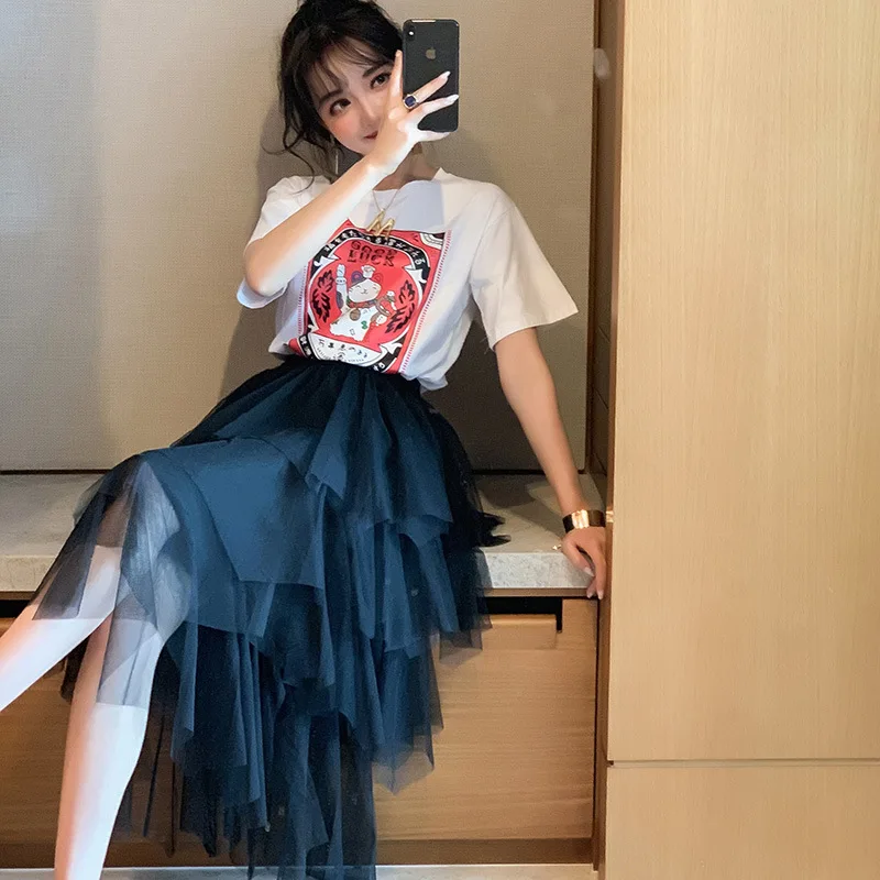 

WOMEN'S Dress 2019 Spring And Summer New Style Very Fairy of round Neckline T-shirt + Non-mainstream Black And White with Patter