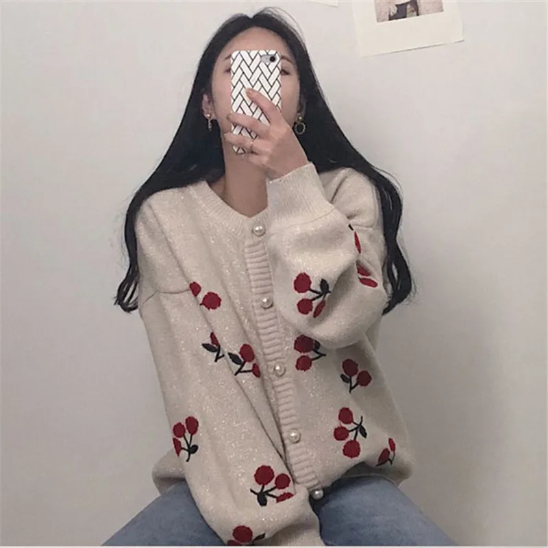 

Pearl Button Embroidery Bright Silk Loose Casual Cardigan Sweater New 2020