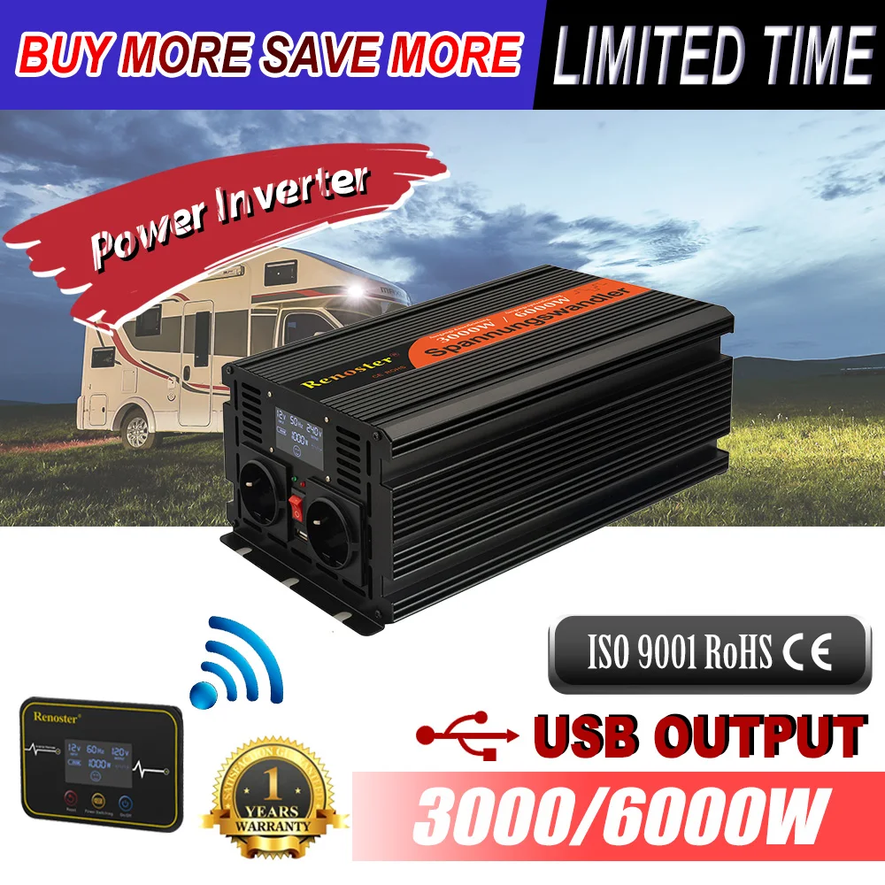 

Renoster 12v to 220v wireless inverter modified sine wave inverter display lcd 3000/6000w inverter with remote contral for car