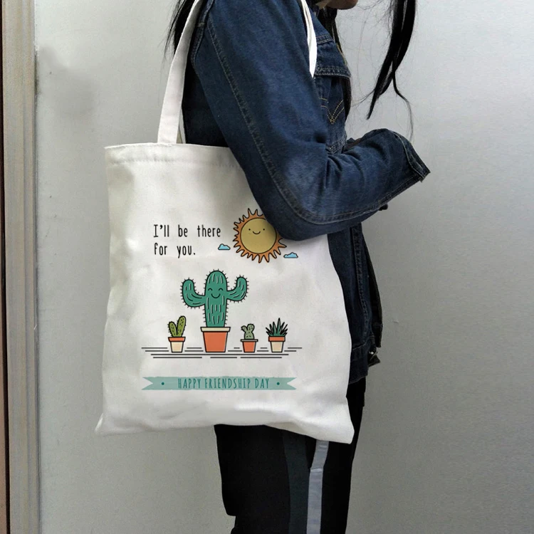 

I Will Be There for You Cute Cactus Canvas Shoulder Bags Female Eco Cloth Handbag Tote Grocery Reusable Foldable Shopping Bag