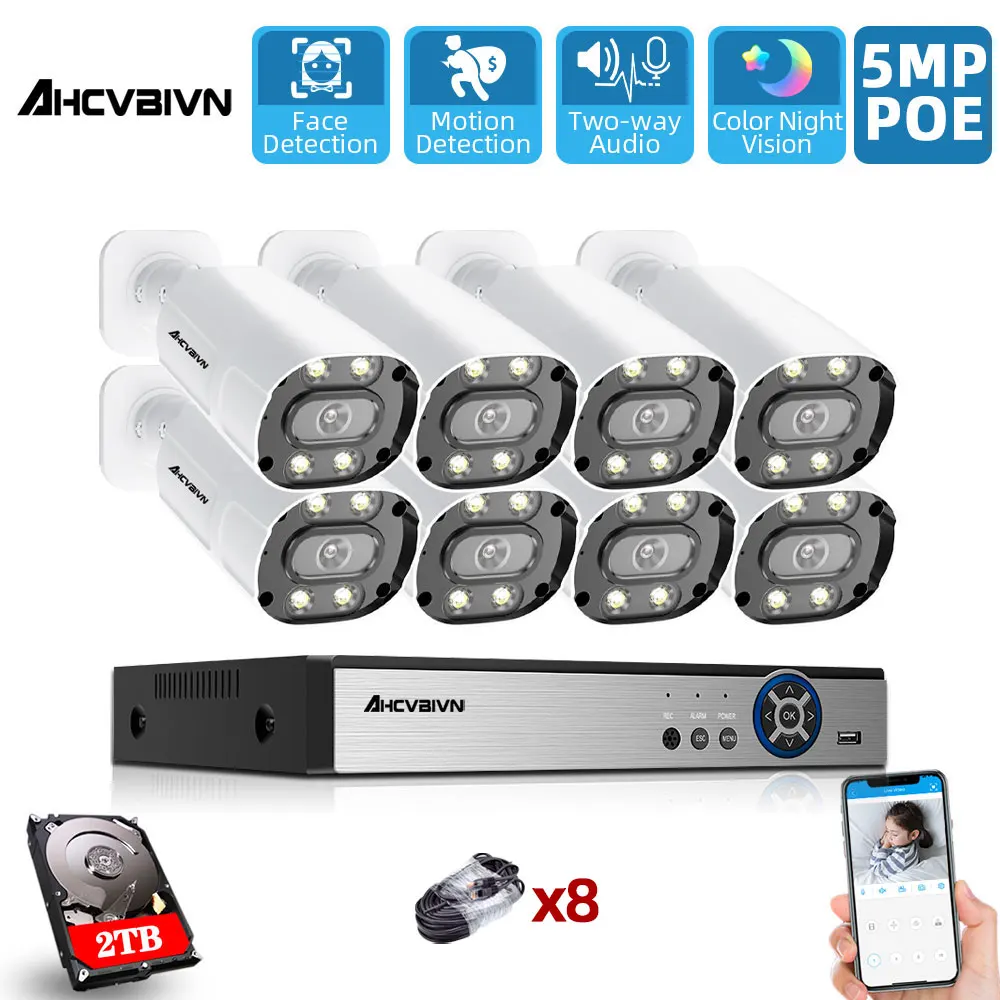 

8CH 5MP NVR Kit POE Security Camera System Outdoor Waterproof 5MP Two-way Audio IP Camera IR-Cut CCTV Video Surveillance System