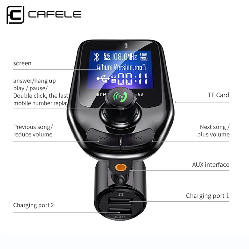 CAFELE Bluetooth Car Kit QC3.0 Car Charger Handsfree Set FM Transmitter LCD MP3 Music Player USB Charger Hands Free