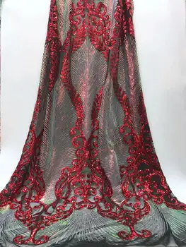 

Red African French Tulle Mesh Fabric High Quality 2019 Latest African Lace With Sequin Nigerian French Net Lace Fabric For Party
