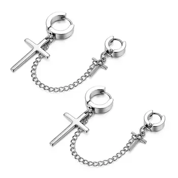 

2 pcs Fashion Punk Earrings Jackets For Women Cross Double Cartilage Chain Stainless Steel Earring Silver Colour ladies Gift