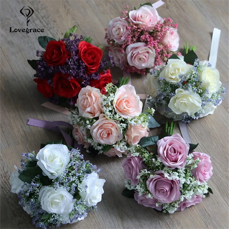 Wedding bouquets artificial rose flowers artificial gypsophila plants bride rose bouquet wedding supplies bridesmaid rose baby's breath bouquet flower arrangement DIY home party prom decor