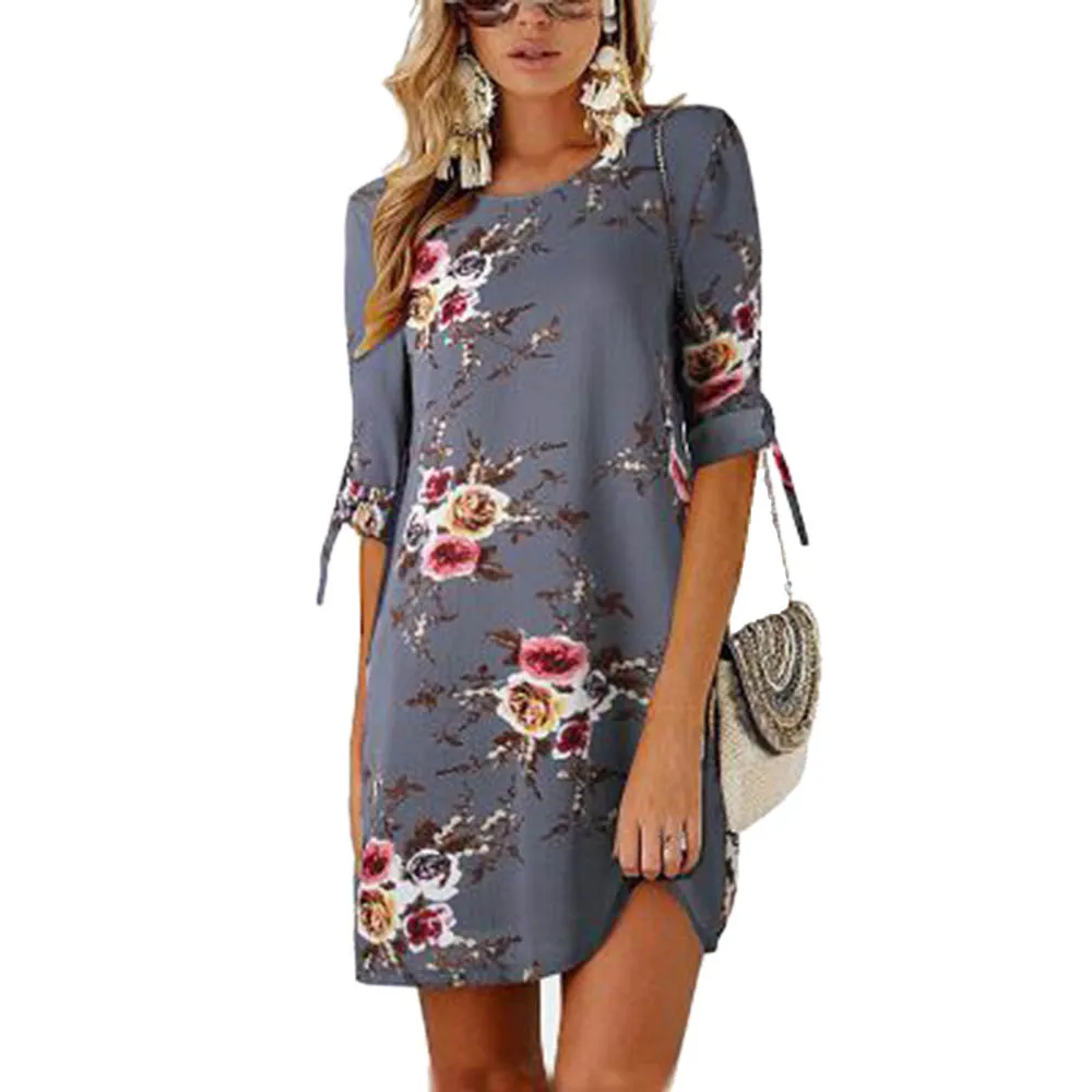 

2019 Boho Style Floral Print Chiffon Beach Dress Women Summer Dress Tunic Sundress Loose Mini Party Dress Vestidos Plus Size 5XL