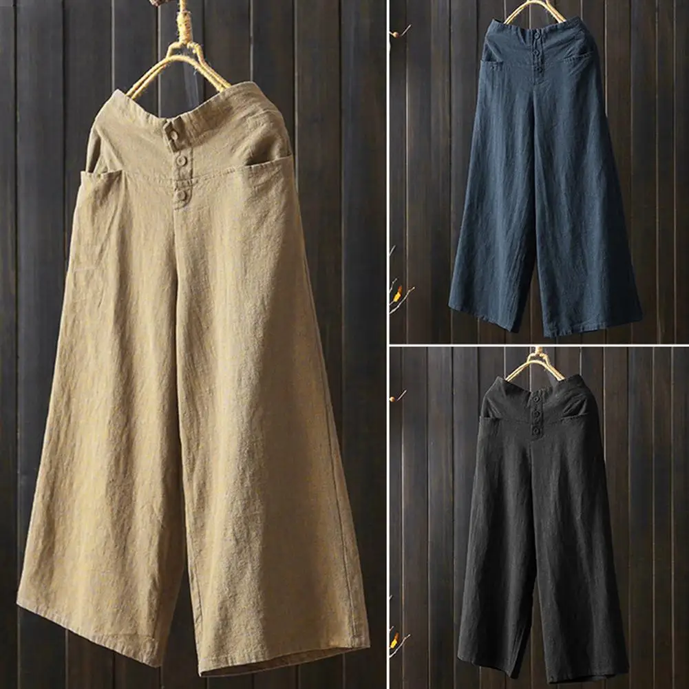 

Hot Women Solid Color Straight Wide Leg Cropped Pants Loose Button Pocket Trousers