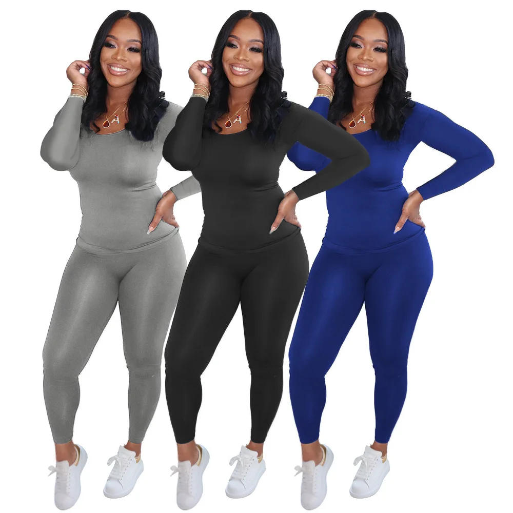 

2020 Autumn Women's Suit European and American Women's Solid Color round Neck Long-Sleeved Upper Garment Pants Two-Piece Set