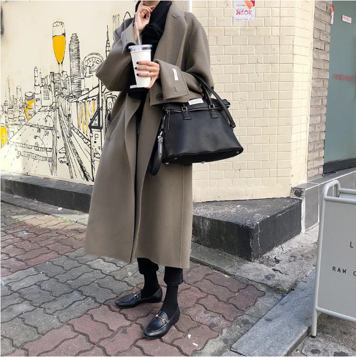 Women Winter Green Super Long Wool Overcoat Elegant Double-sided Woolen Coat Jacket with Waist Belt Brief Loose Outwear