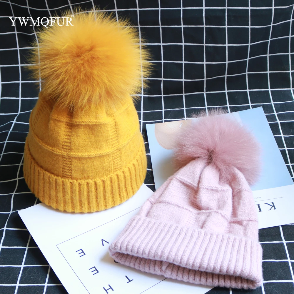 Зимняя винтажная вязаная женская шапка Skullies однотонная бини шапки с настоящим