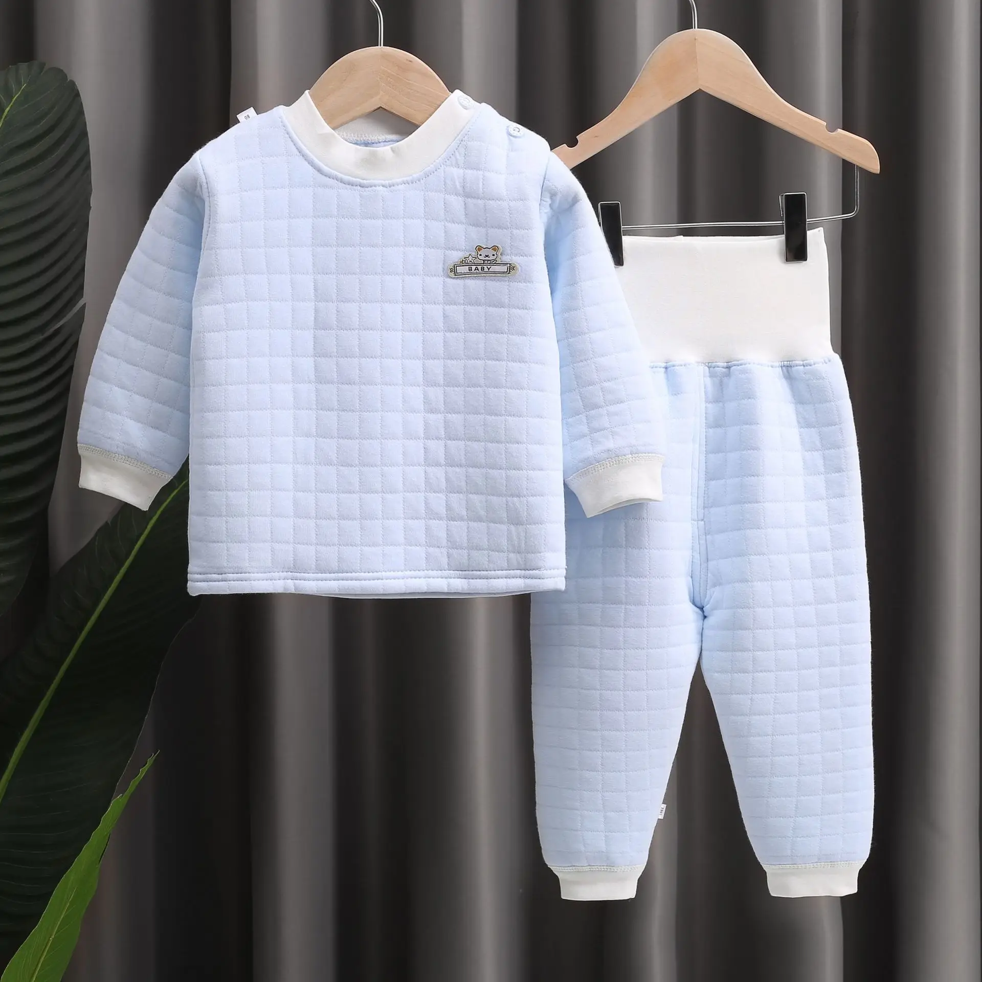 New Baby Boys Autumn Thicken Clothes Long Sleeved Three-layer Warm Underwear Suit High Waist Belly-protecting Cotton Pant Pajama cheap cotton nightgown Sleepwear & Robes