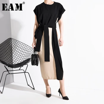 

[EAM] Women Contrast Color Bandage Midi Dress New Round Neck Long Sleeve Loose Fit Fashion Tide Spring Summer 2020 YC84601