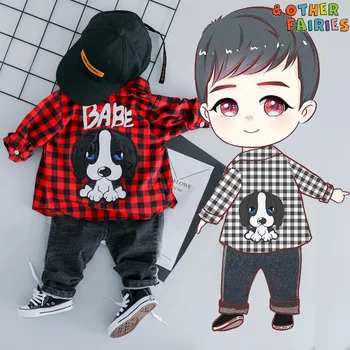 

Baby boy clothes cotton lapel plaid shirt children's suit boy letter cartoon puppy top baby casual fashion jeans two-piece suit