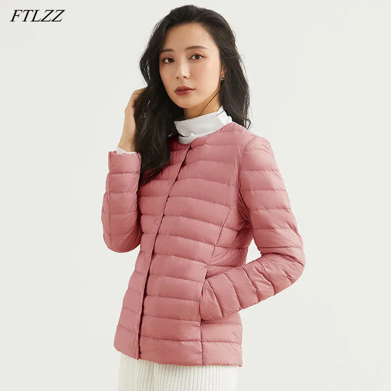 

FTLZZ Winter Light Thin Soft Down Breasted Short Jacket Women 90% White Duck Down Warm Coat Single Solid Slim Fashion Outwear