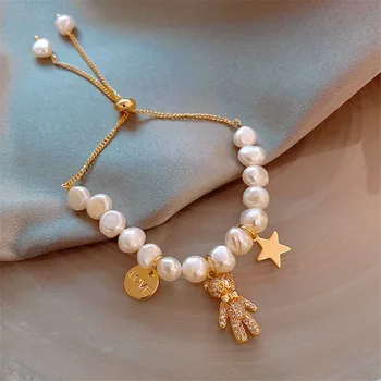 

Korea Fashion Baroque Pearl Pendant Bracelet for Woman Crystal Stainless Steel Star Cuff Bracelet Luxury Jewelry Accessories