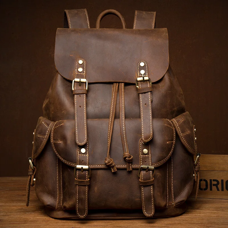 

NEW Schoolbag Backpacks Crazy Horse Leather Backpack for 15 inch Laptop Vintage Men or Women Travel Bags Quality Male Mochilas