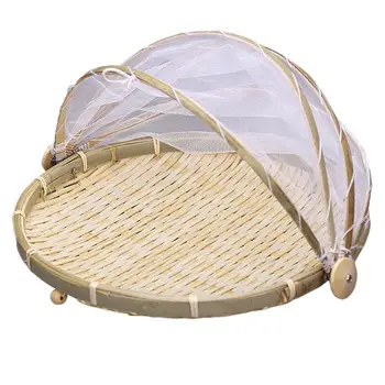 

Hand Woven Bug Proof Basket Handmade Fruit Vegetable Bread Cover Bamboo Basket With Gauze Dustproof Picnic Basket (Khaki)