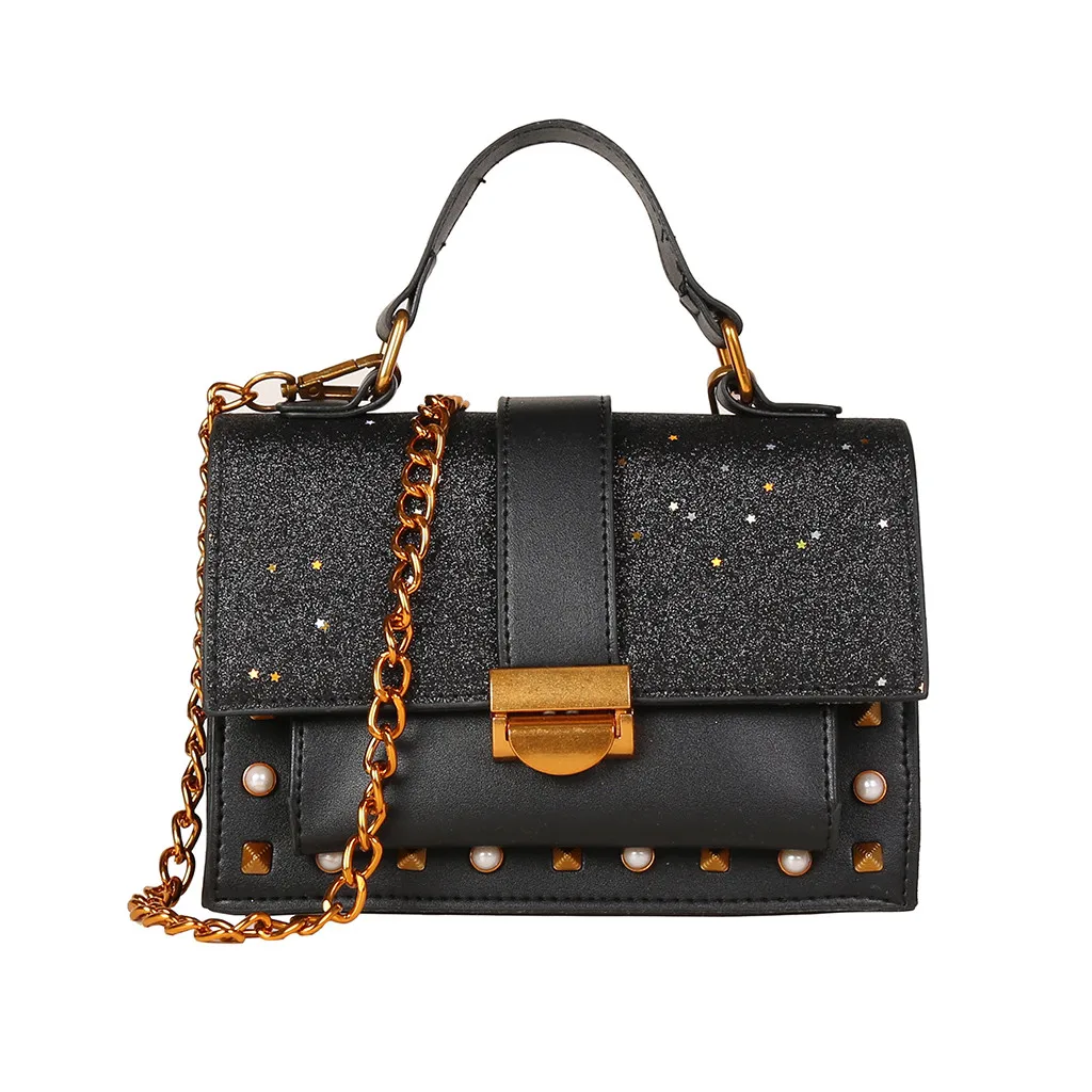 Модная женская сумка-мессенджер в стиле пэчворк, маленькие квадратные пакеты с заклепками, кожаные кошельки для телефона - Цвет: Black