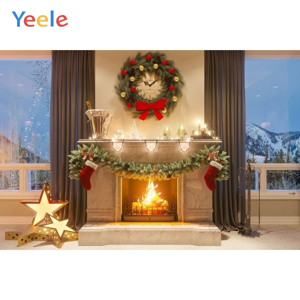 Yeele Рождественский фон для фотосъемки с изображением камина огненного занавеса с окном часов Виниловый фон для фотостудии