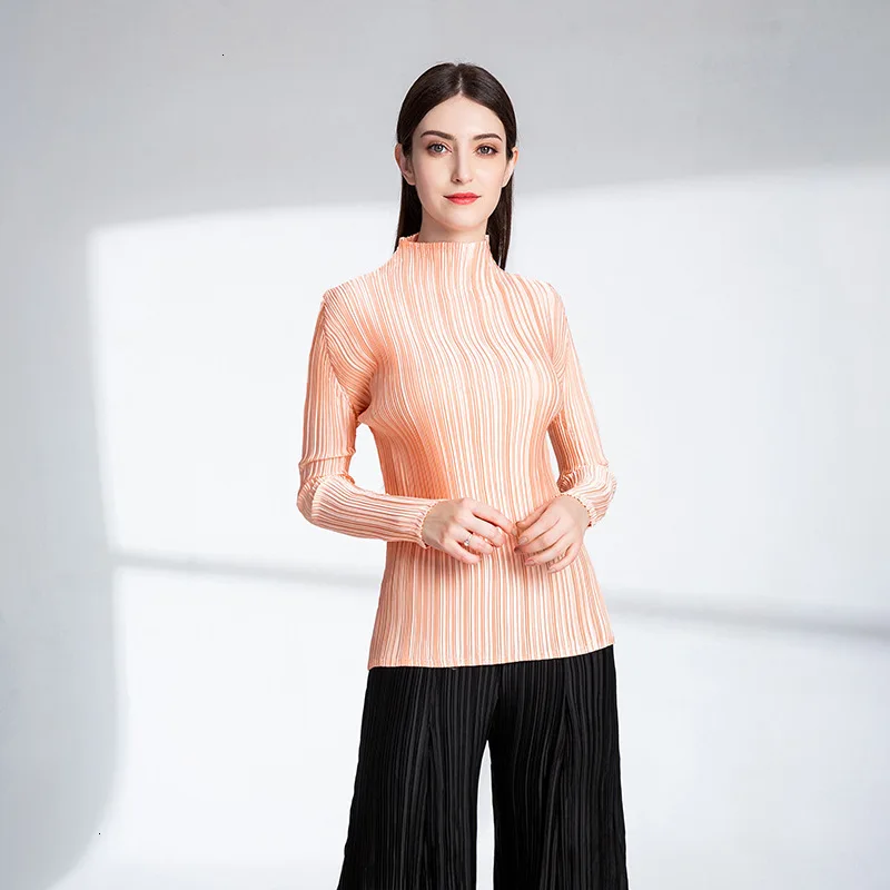 Light Orange Однотонная плиссированная женская футболка, Весенняя НОВАЯ тонкая футболка с длинным рукавом и высоким воротом, повседневный Топ PC351 - Цвет: Light Orange