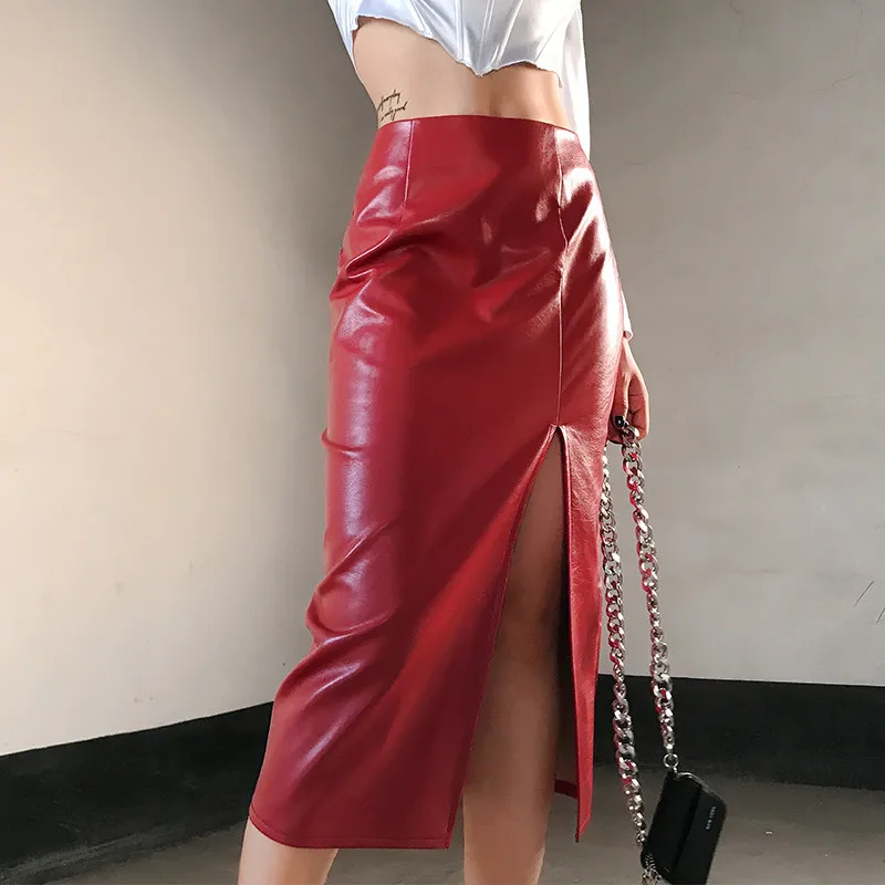 Модная женская юбка с разрезом по бокам, высокая талия, тонкая юбка из искусственной кожи, OL, облегающая длинная юбка макси, красная уличная одежда