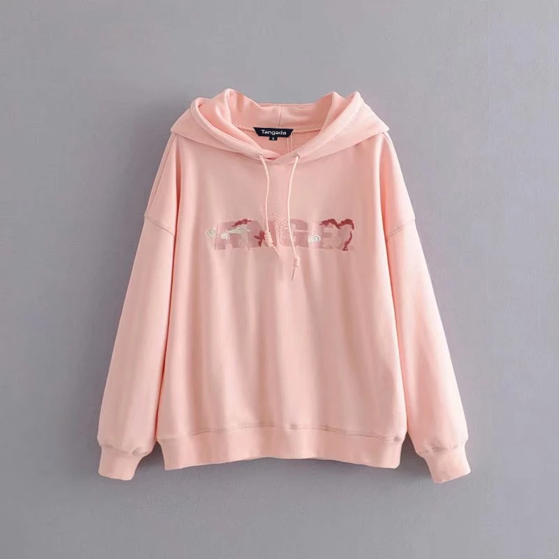 Розовый Tangada women fashion pink letter embroidery sweatshirts oversize long sleeve loose hood pullovers female tops 6P52 - Цвет: Розовый