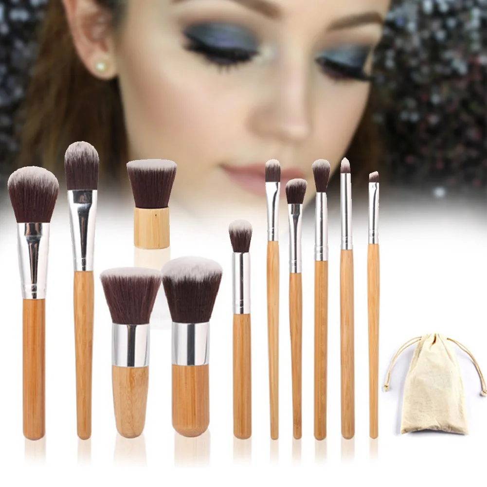 Wholesale 11pcs Bamboo Handle Makeup Brush with Soft Synthetic Fiber Bristle Linen Bag Women Girl Ladies Make Up Tool M3