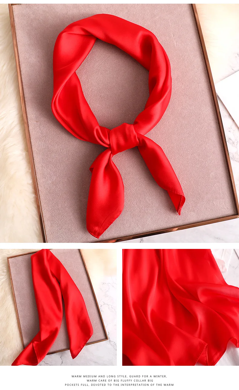 Luxury Solid Silk Scarf Women Neck Shawls Square Foulard Head Kerchief Hair Accessories Band Lady Retro Scarves Bandana