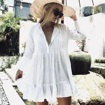 

2020 Women White Long Sleeve Sweet Holiday Ruffles Bikini Cover Up Swimwear Bathing Summer Beach Loose S-XL