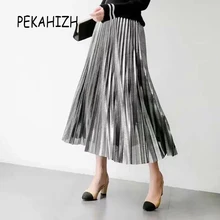 Корейский стиль красные, серебряные плиссированные женские юбки высокая талия юбка Уличная Осень Зима повседневные офисные длинные юбки для женщин
