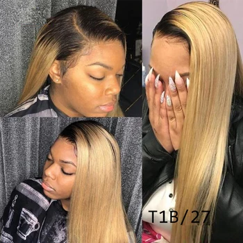 

DreamDiana Remy Ombre Straight Lace Front Wig Blond Peruvian Wig 13x4 Ombre Lace Front Wig 150 Density Colored Human Hair Wig L