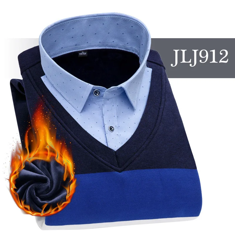 JLJ912 Мужская одежда, рубашки с вышивкой, в полоску, макет, из двух частей, платье, рубашка, имитация двойки, длинный рукав, толстый бархат, свитер, рубашки - Цвет: JLJ912