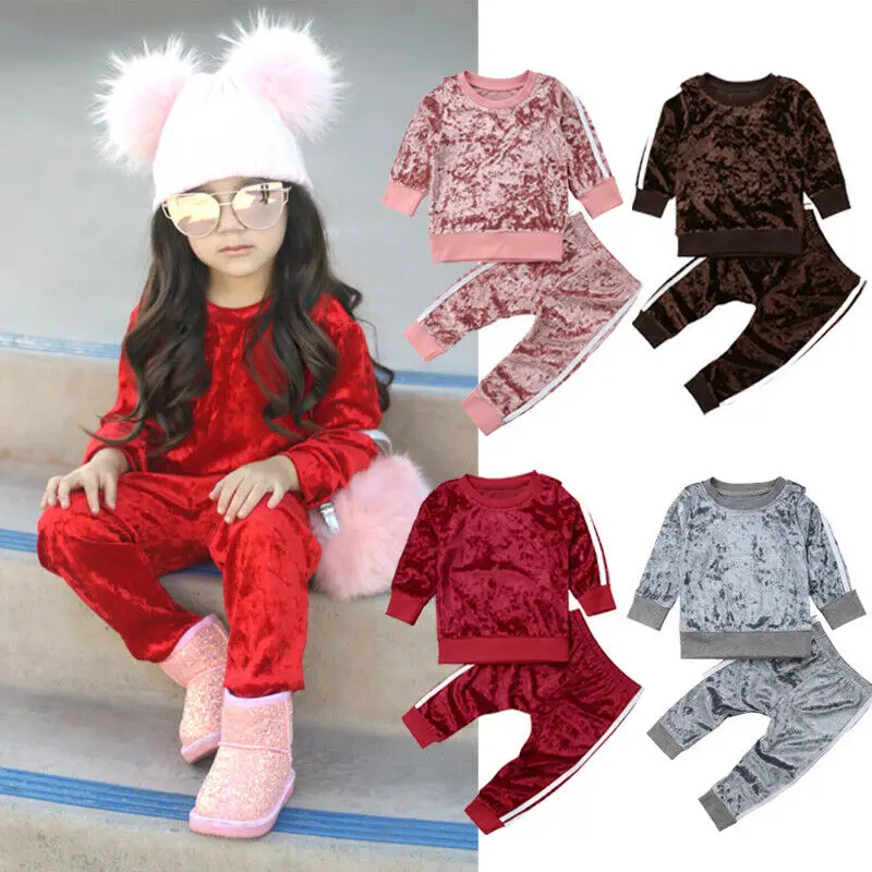 Kids Baby Girls Clothing Set 2Pcs Velvet Hoodie Tracksuit Top Long Trousers Pants Fall Winter Outfits Set 