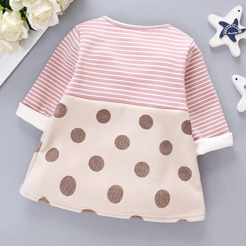 Платье из флиса с длинными рукавами для маленьких девочек vestido infantil/Хлопковые Платья принцессы в полоску с бантом одежда в горошек для девочек