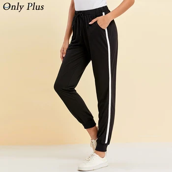

Only Plus Women Sports Pants Loose Elastic High Waist Stripe Black White Pocket Pants Trousers for Workout Fitness Training