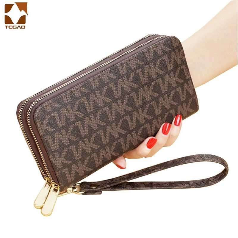 Billeteras largas con doble cremallera para mujer, con letras cartera de mano, a la moda, portatarjetas para teléfono, Damski|Carteras| AliExpress