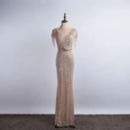 champagne gold Вечернее платье с серебряными кисточками вечерние платья в блестках для женщин K043 элегантные вечерние платья с коротким рукавом с v-образным вырезом Русалка Robe De Soiree - Цвет: champagne gold