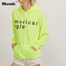 Missufe, женские толстовки с буквенным принтом, флуоресцентный зеленый, с капюшоном, с карманом, худи, большие размеры, свободные топы с длинными рукавами, пуловер, толстовка