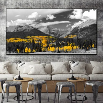

Black and White Landscape Posters and Prints Golden Yellow Trees Mountain Clouds Canvas Painting Wall Pictures for Living Room