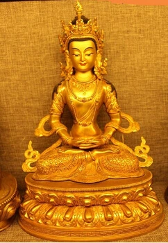 

free shipping 14"Tibet Buddhism Temple Old Purple Bronze 24K Gold Gem Amitayus Buddha Statue